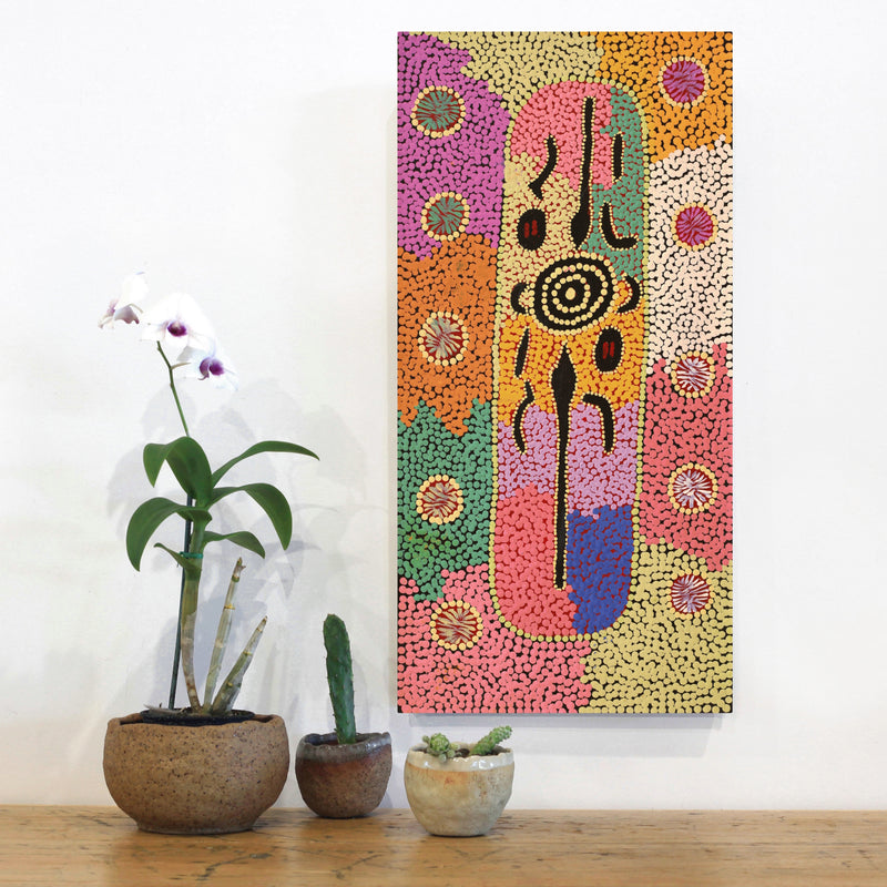 Aboriginal Artwork by Denny Jampijinpa Frank, Wati-jarra Jukurrpa (Two Men Dreaming), 61x30cm