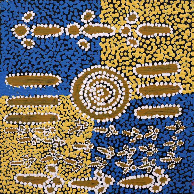 Aboriginal Artwork by Dion Jampijinpa Brown, Yankirri Jukurrpa (Emu Dreaming) - Ngarlikirlangu, 30x30cm
