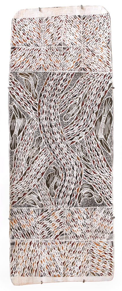 Aboriginal Artwork by Napurrawuy #2 Wunuŋmurra Djapana, Buyku, 129x28cm Bark