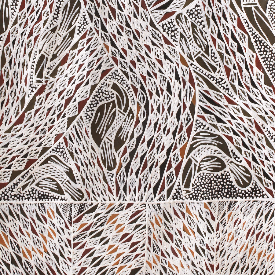 Aboriginal Artwork by Napurrawuy #2 Wunuŋmurra Djapana, Buyku, 129x28cm Bark