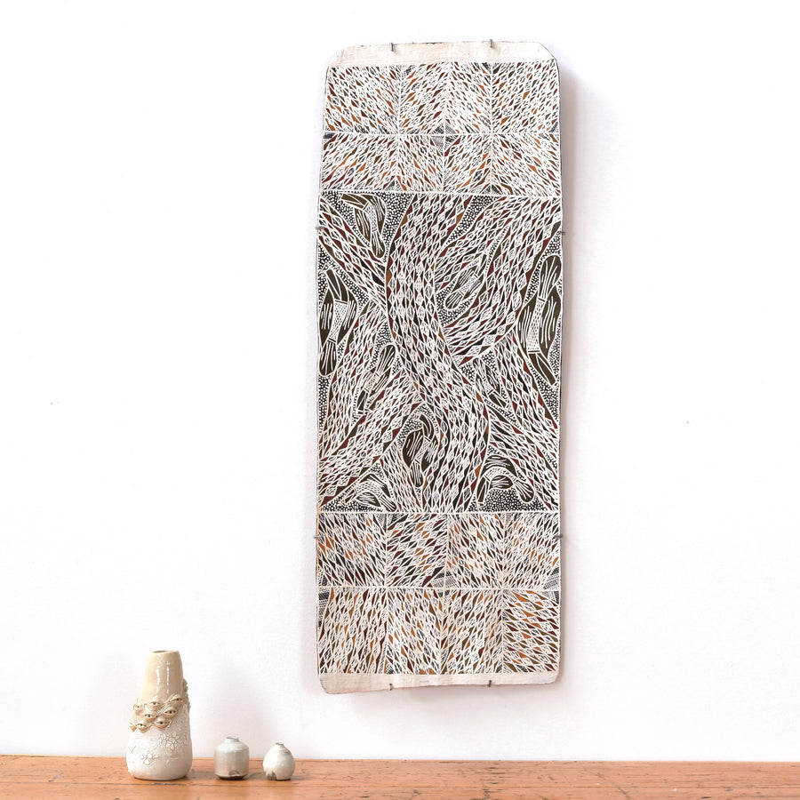 Aboriginal Artwork by Napurrawuy #2 Wunuŋmurra Djapana, Buyku, 129x28cm Bark