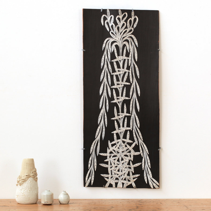 Aboriginal Artwork by Djirrirra Wunuŋmurra Yukuwa, Yukuwa, 81x35cm Bark