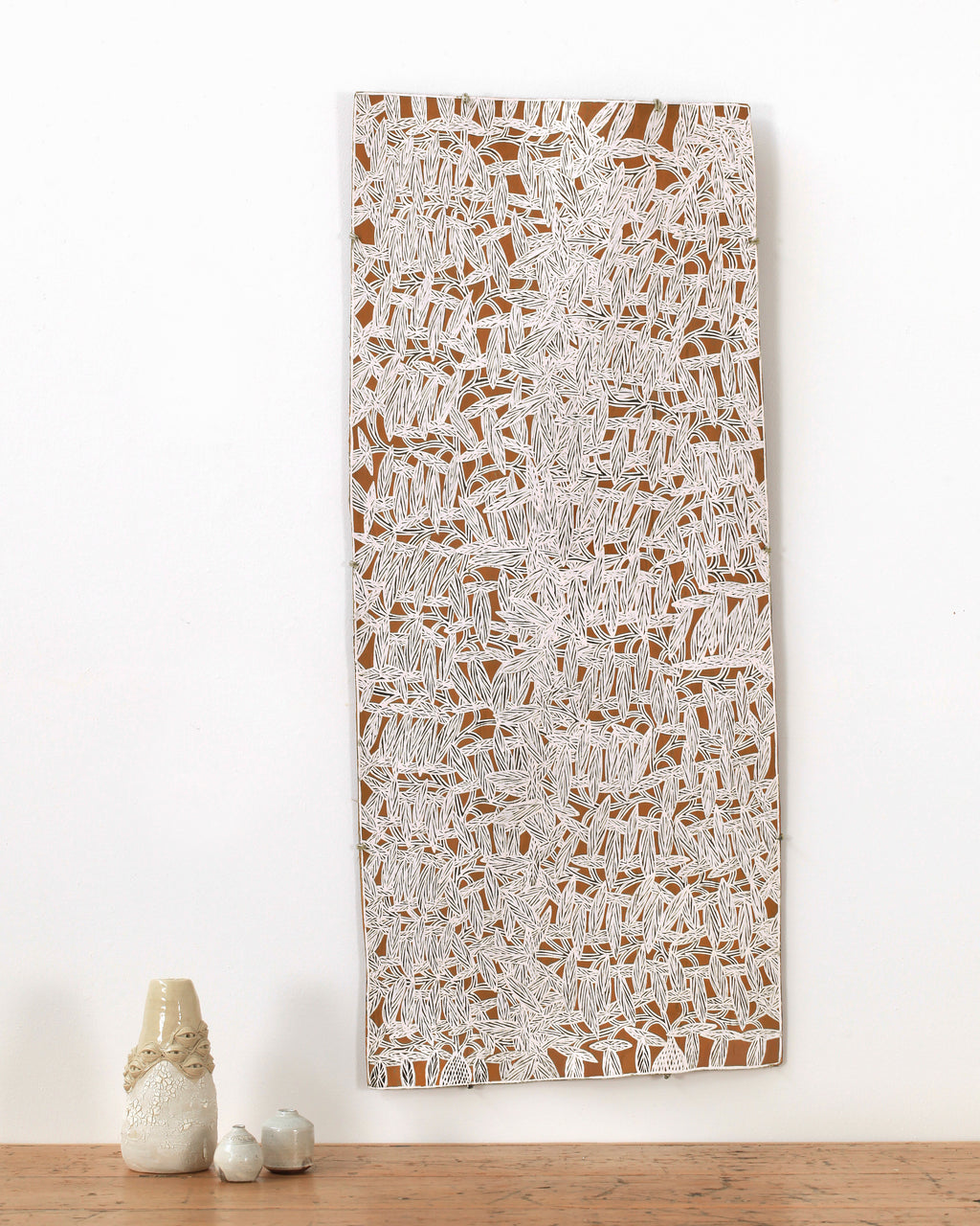 Aboriginal Artwork by Djirrirra Wunuŋmurra Yukuwa, Yukuwa, 105x45cm Bark