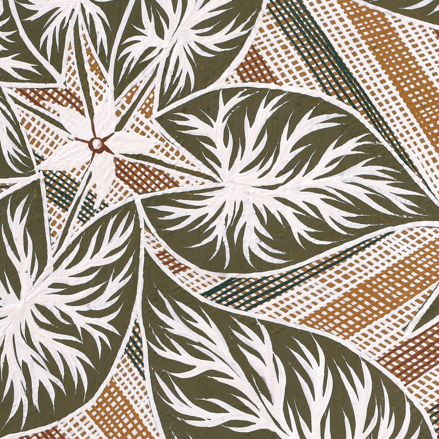 Aboriginal Artwork by Djul’djul Gurruwiwi Susan Wunuŋmurra, Dhatam, 68x40cm Bark