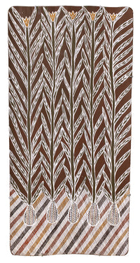 Aboriginal Artwork by Djul’djul Gurruwiwi Susan Wunuŋmurra, Riny'tjaŋu, 87x43cm Bark