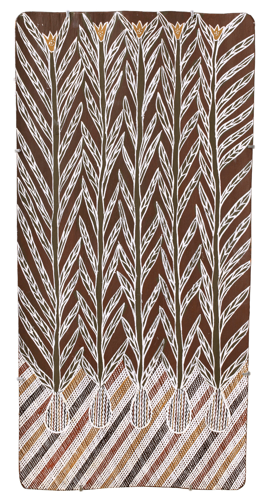 Aboriginal Artwork by Djul’djul Gurruwiwi Susan Wunuŋmurra, Riny'tjaŋu, 87x43cm Bark