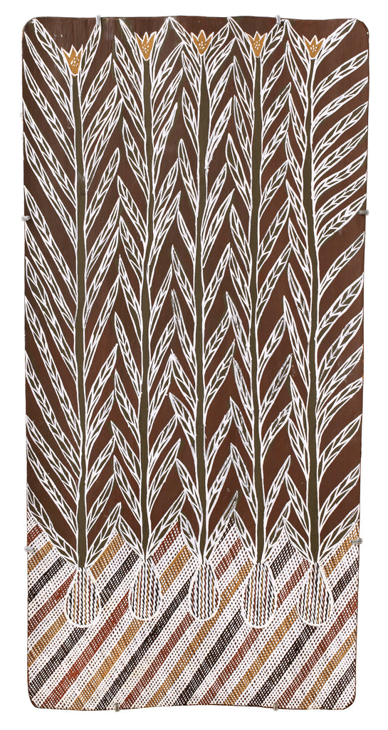 Aboriginal Artwork by Djul’djul Gurruwiwi Susan Wunuŋmurra, Riny'tjaŋu, 87x43cm Bark