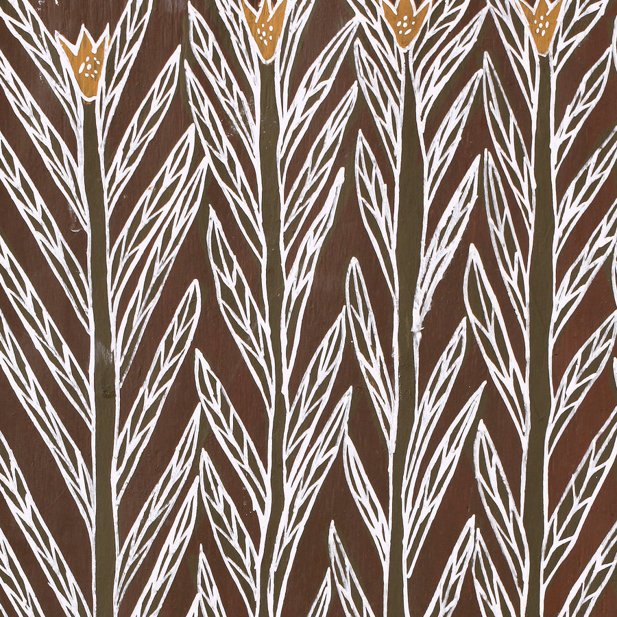Aboriginal Artwork by Djul’djul Gurruwiwi Susan Wunuŋmurra, Riny'tjaŋu, 87x43cm Bark