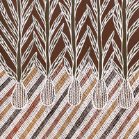 Aboriginal Artwork by Djul’djul Gurruwiwi Susan Wunuŋmurra, Riny'tjaŋu, 87x43cm Bark