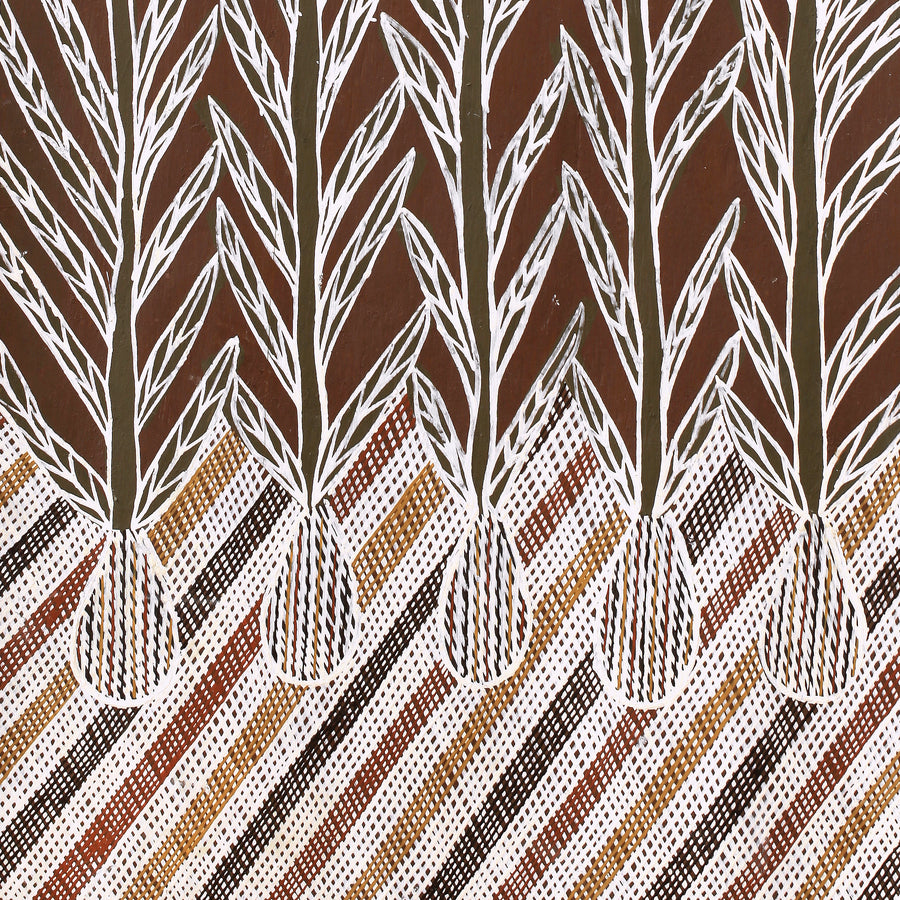 Aboriginal Artwork by Djul’djul Gurruwiwi Susan Wunuŋmurra, Riny'tjaŋu, 87x43cm Bark
