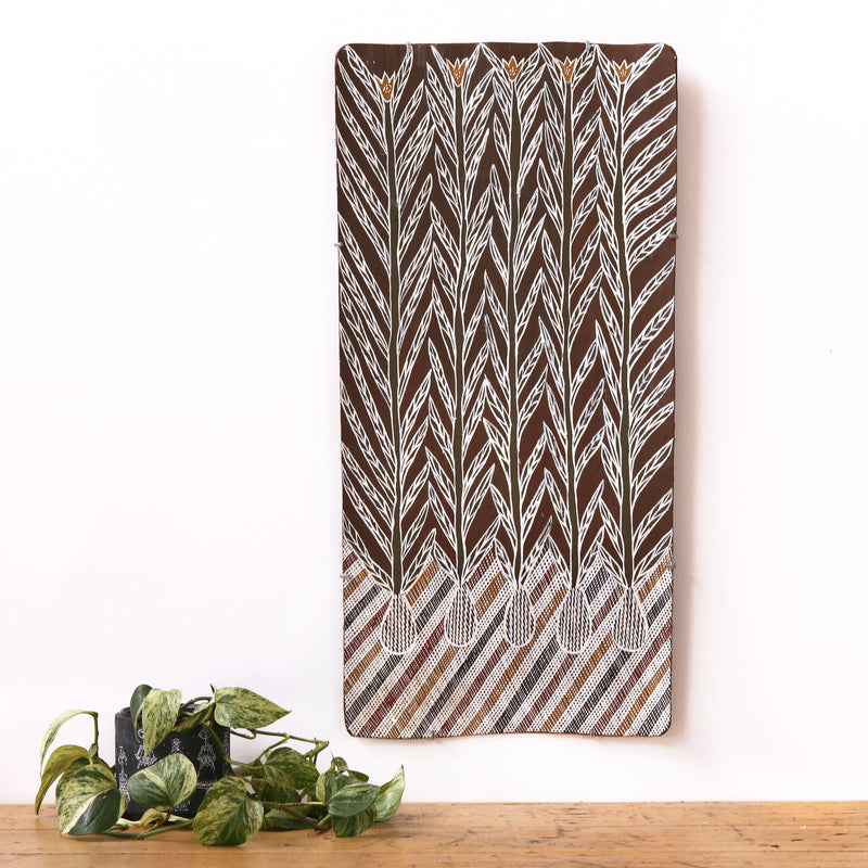 Aboriginal Artwork by Djul’djul Gurruwiwi Susan Wunuŋmurra, Riny'tjaŋu, 87x43cm Bark