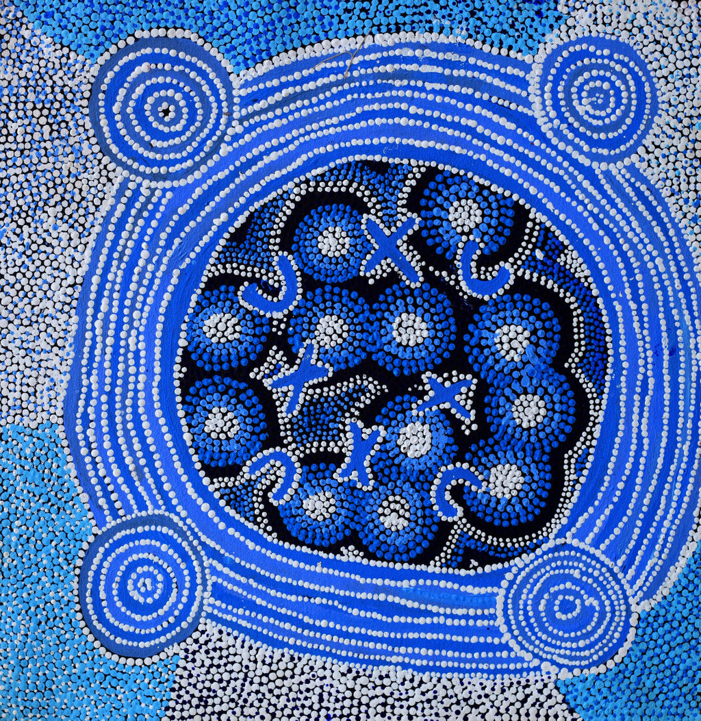 Aboriginal Artwork by Dora Napaljarri Kitson, Ngatijirri Jukurrpa (Budgerigar Dreaming), 46x46cm