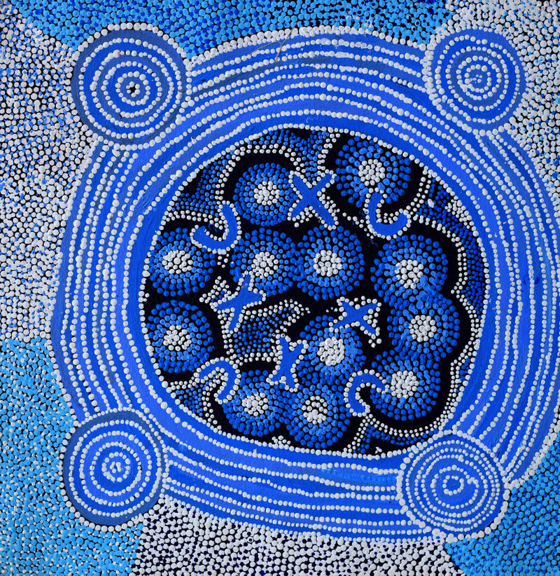 Aboriginal Artwork by Dora Napaljarri Kitson, Ngatijirri Jukurrpa (Budgerigar Dreaming), 46x46cm