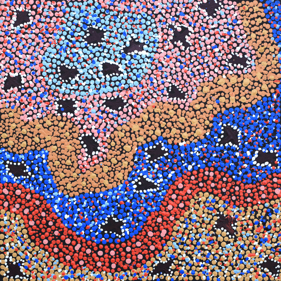 Aboriginal Artwork by Dora Napaljarri Kitson, Ngatijirri Jukurrpa (Budgerigar Dreaming), 30x30cm