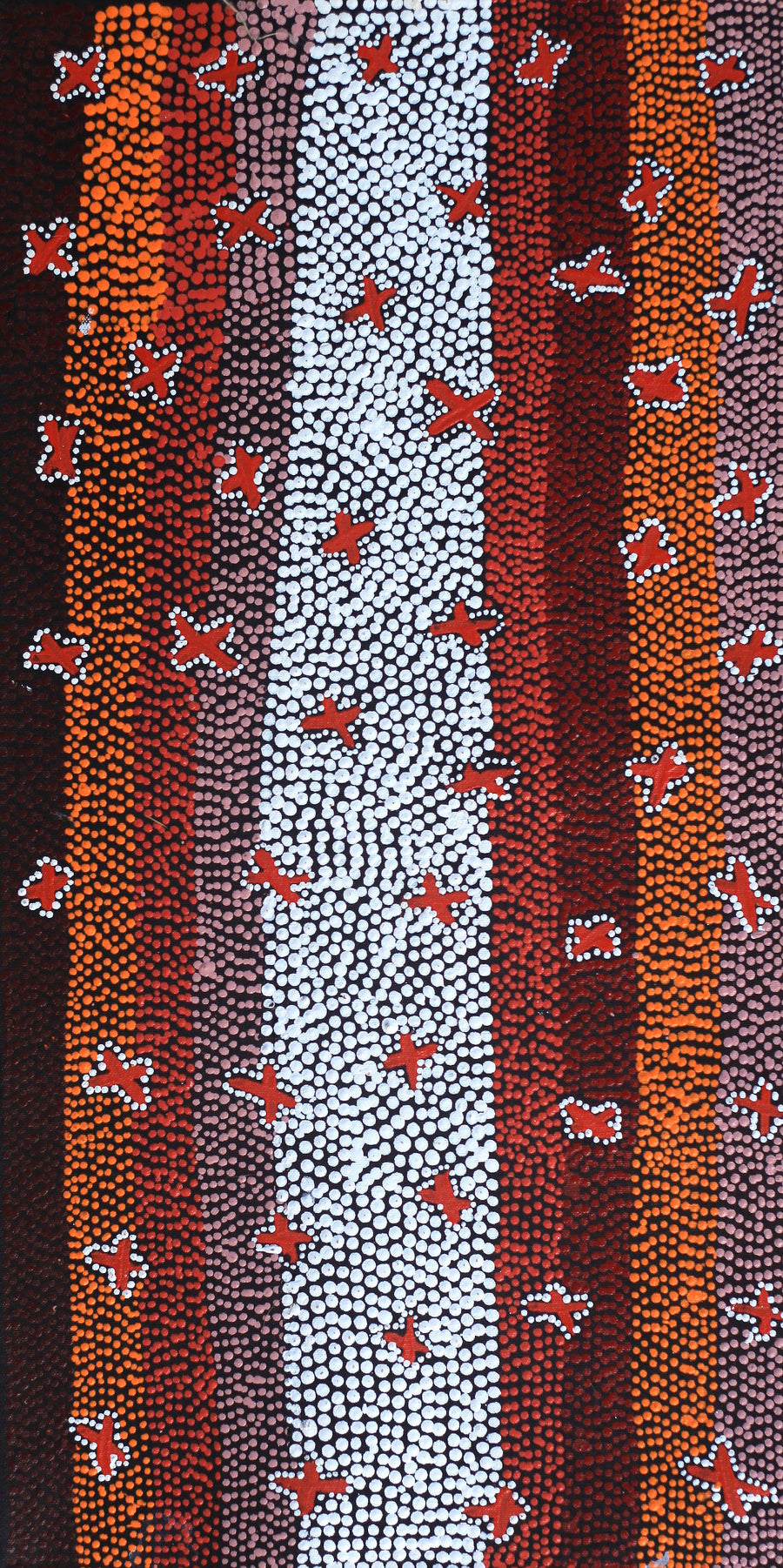 Aboriginal Artwork by Dora Napaljarri Kitson, Ngatijirri Jukurrpa (Budgerigar Dreaming), 61x30cm