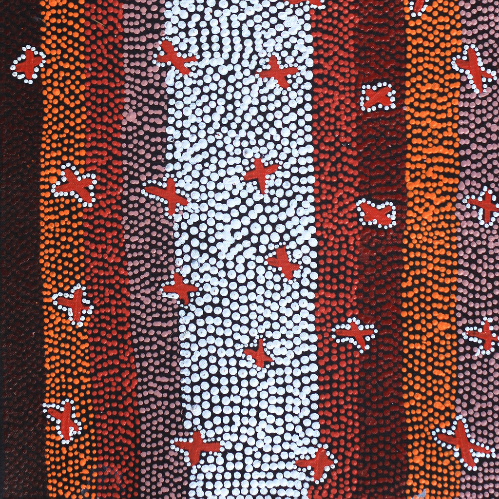 Aboriginal Artwork by Dora Napaljarri Kitson, Ngatijirri Jukurrpa (Budgerigar Dreaming), 61x30cm