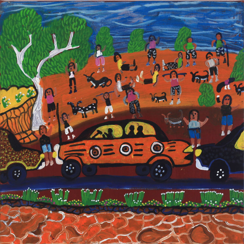 Aboriginal Artwork by Doris Thomas, Travelling around Titjikala, 40x40cm