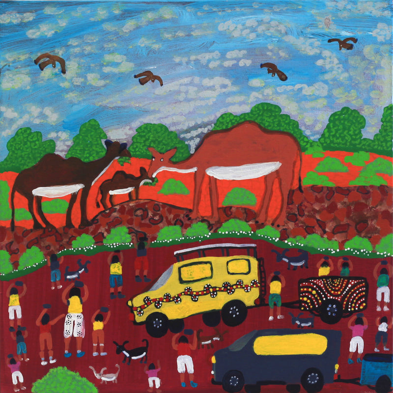Aboriginal Artwork by Doris Thomas, Camel rides, 40x40cm
