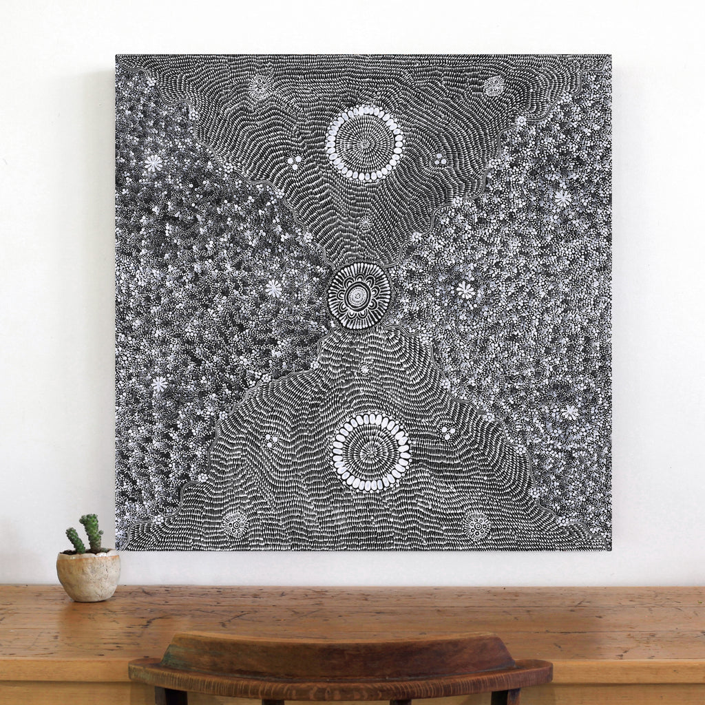 Aboriginal Artwork by Dulcie Nangala Frank, Ngarlkirdi Jukurrpa (Witchetty Grub Dreaming), 76x76cm