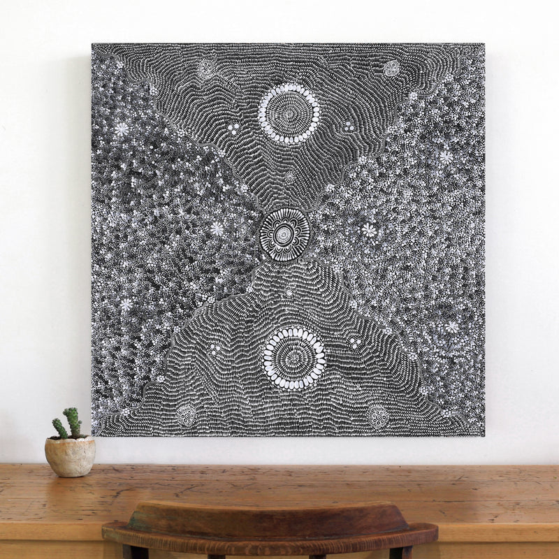 Aboriginal Artwork by Dulcie Nangala Frank, Ngarlkirdi Jukurrpa (Witchetty Grub Dreaming), 76x76cm