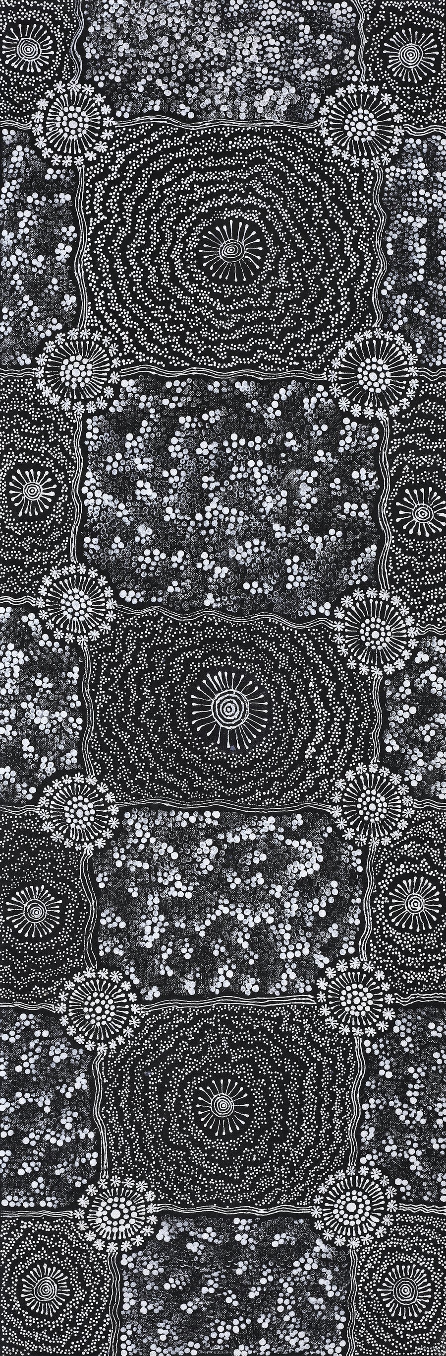 Aboriginal Artwork by Dulcie Nangala Frank, Ngarlkirdi Jukurrpa (Witchetty Grub Dreaming), 91x30cm