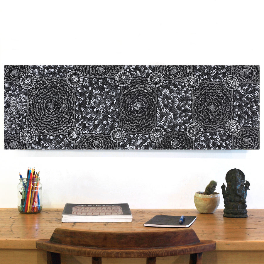 Aboriginal Artwork by Dulcie Nangala Frank, Ngarlkirdi Jukurrpa (Witchetty Grub Dreaming), 91x30cm