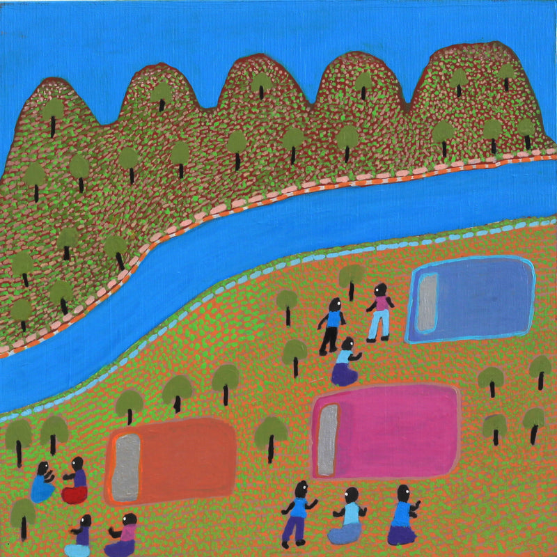 Aboriginal Artwork by Elizabeth Nampitjinpa, Camping out bush, 40x40cm