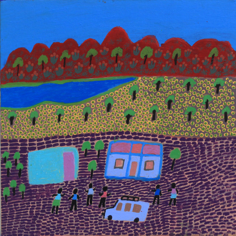 Aboriginal Artwork by Elizabeth Nampitjinpa, Going for a ride out west, 40x40cm