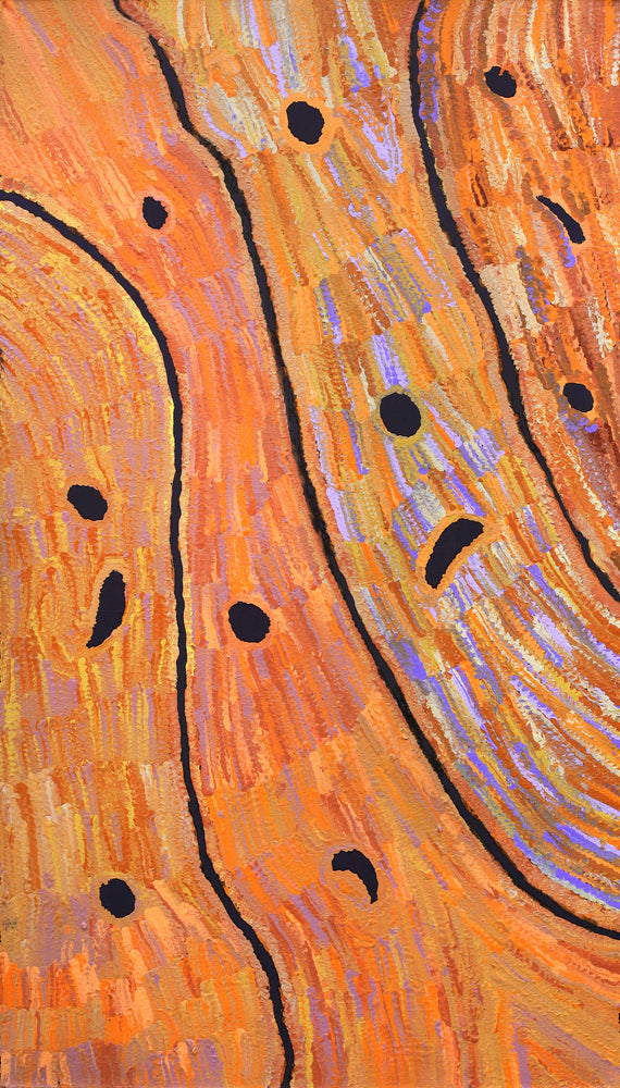 Aboriginal Artwork by Emily Nampijinpa Hudson, Yarungkanyi Jukurrpa (Mt Doreen Dreaming), 107x61cm