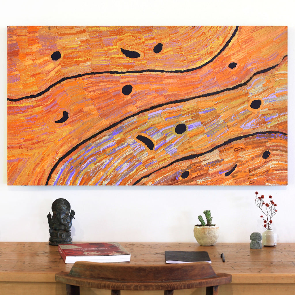 Aboriginal Artwork by Emily Nampijinpa Hudson, Yarungkanyi Jukurrpa (Mt Doreen Dreaming), 107x61cm