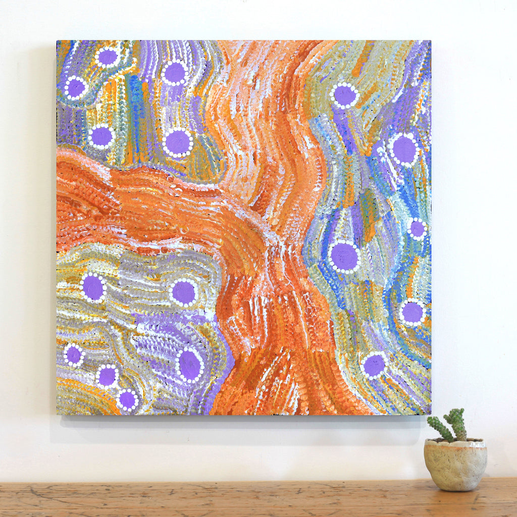 Aboriginal Artwork by Emily Nampijinpa Hudson, Yarungkanyi Jukurrpa (Mt Doreen Dreaming), 61x61cm