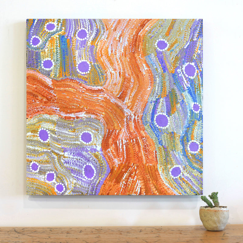 Aboriginal Artwork by Emily Nampijinpa Hudson, Yarungkanyi Jukurrpa (Mt Doreen Dreaming), 61x61cm