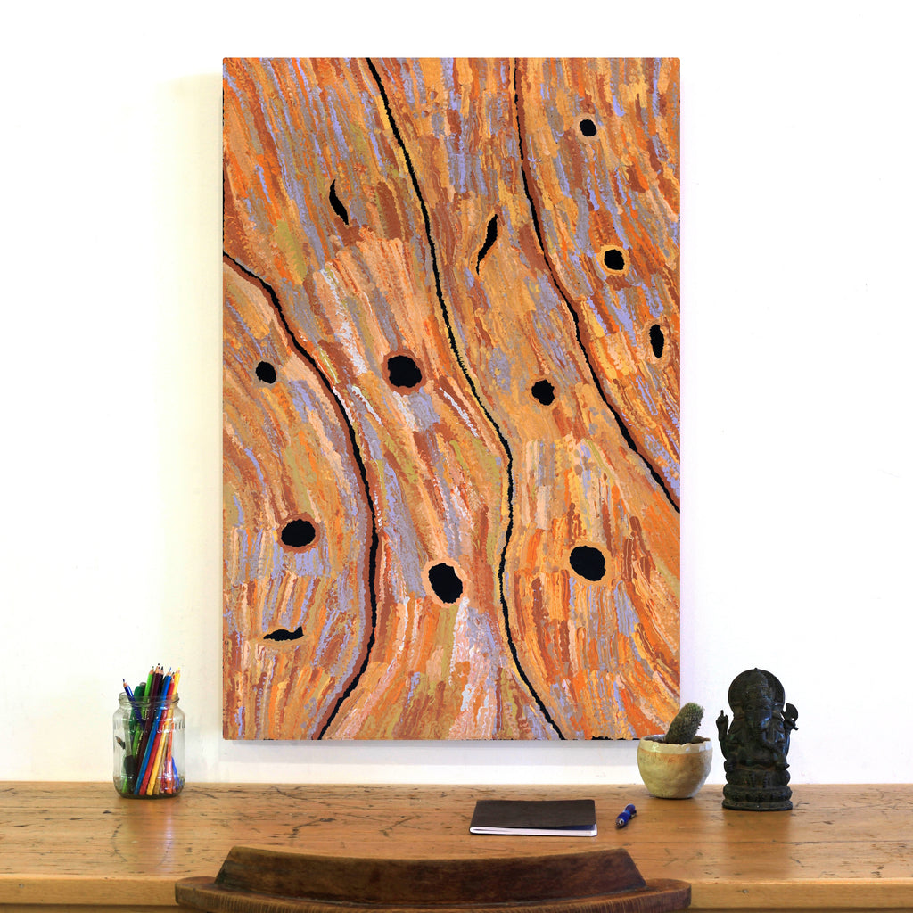 Aboriginal Artwork by Emily Nampijinpa Hudson, Yarungkanyi Jukurrpa (Mt Doreen Dreaming), 91x61cm