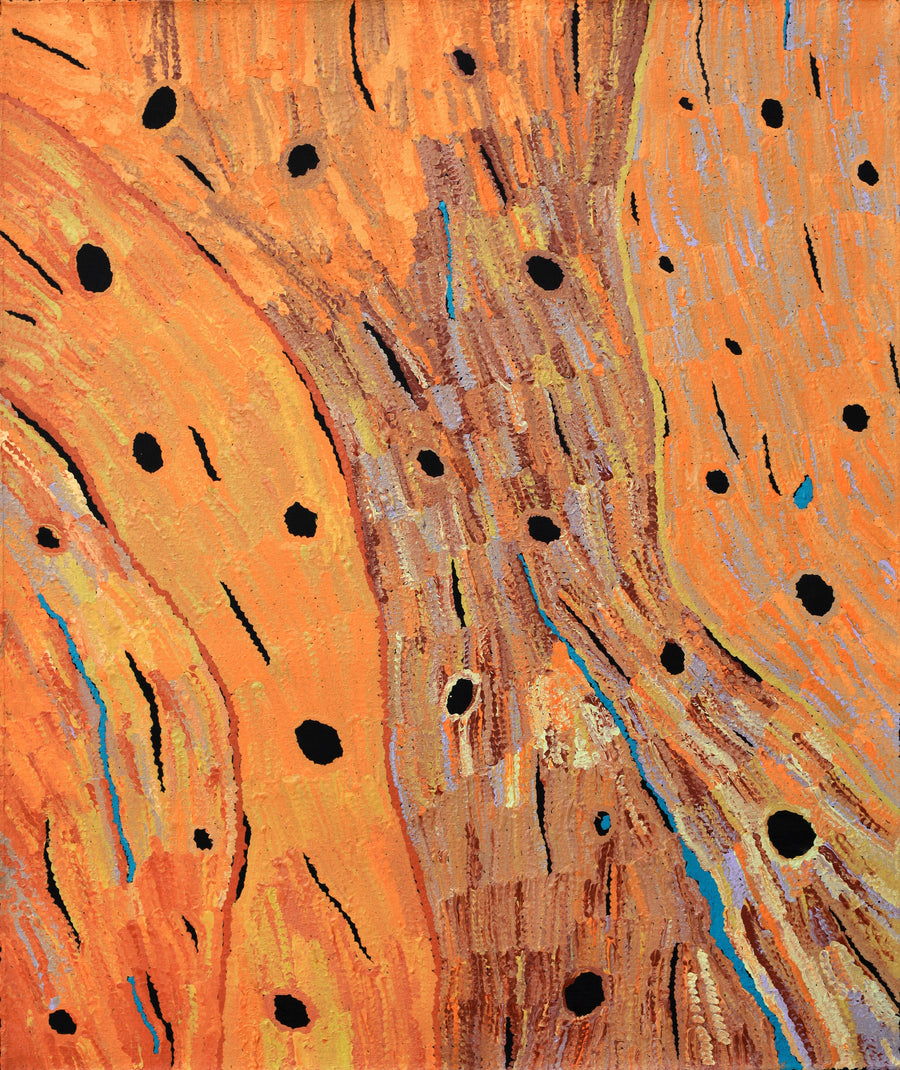 Aboriginal Artwork by Emily Nampijinpa Hudson, Yarungkanyi Jukurrpa (Mt Doreen Dreaming), 91x76cm