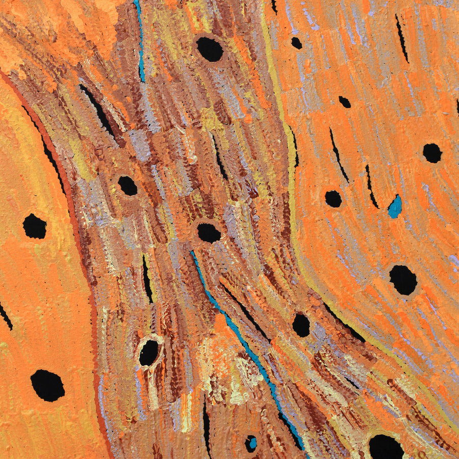 Aboriginal Artwork by Emily Nampijinpa Hudson, Yarungkanyi Jukurrpa (Mt Doreen Dreaming), 91x76cm