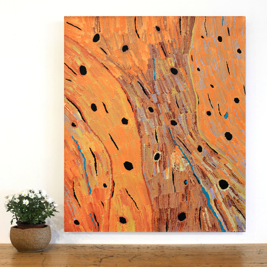 Aboriginal Artwork by Emily Nampijinpa Hudson, Yarungkanyi Jukurrpa (Mt Doreen Dreaming), 91x76cm