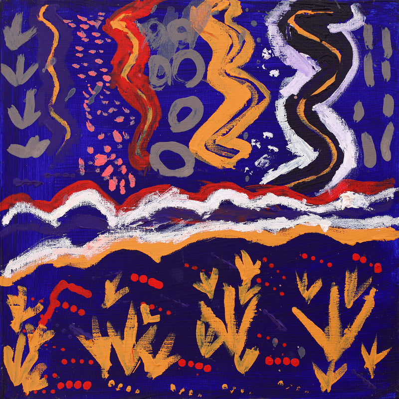 Aboriginal Artwork by Enrique Jupurrurla Abbott, Emus at the creek, 30x30cm