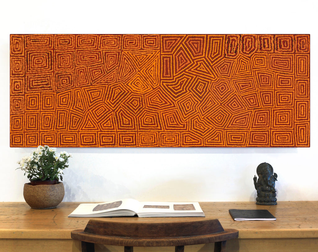 Aboriginal Artwork by Evelyn Nampijinpa Daniels, Watiya-warnu Jukurrpa (Seed Dreaming), 122x46cm