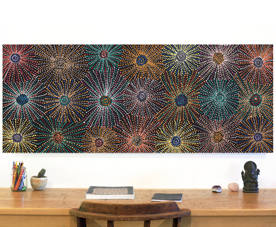 Aboriginal Artwork by Evelyn Nangala Robertson, Ngapa Jukurrpa - Puyurru, 152x61cm