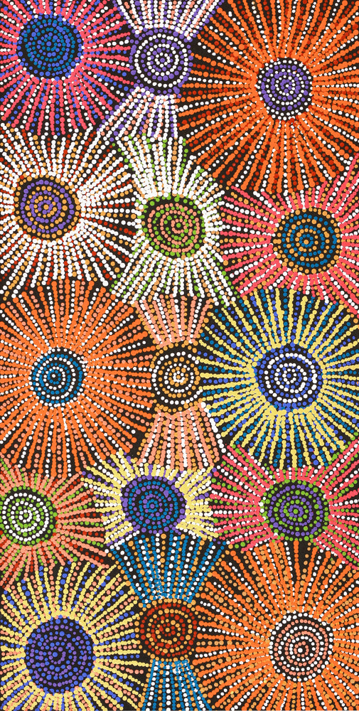 Aboriginal Artwork by Evelyn Nangala Robertson, Ngapa Jukurrpa - Puyurru, 91x46cm