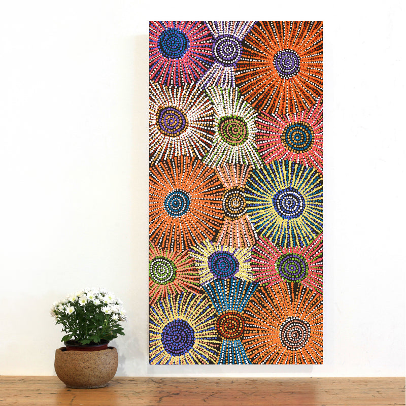 Aboriginal Artwork by Evelyn Nangala Robertson, Ngapa Jukurrpa - Puyurru, 91x46cm