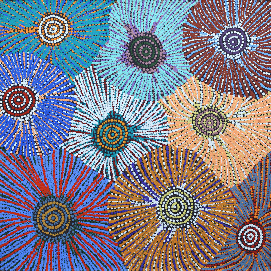 Aboriginal Artwork by Evelyn Nangala Robertson, Ngapa Jukurrpa (Water Dreaming) - Puyurru, 61x61cm