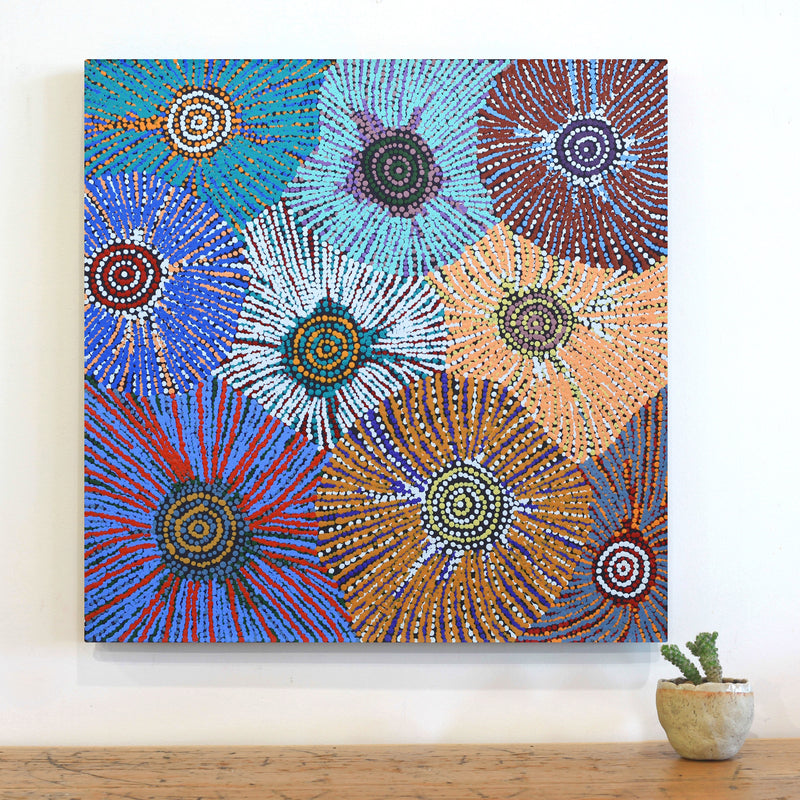 Aboriginal Artwork by Evelyn Nangala Robertson, Ngapa Jukurrpa (Water Dreaming) - Puyurru, 61x61cm