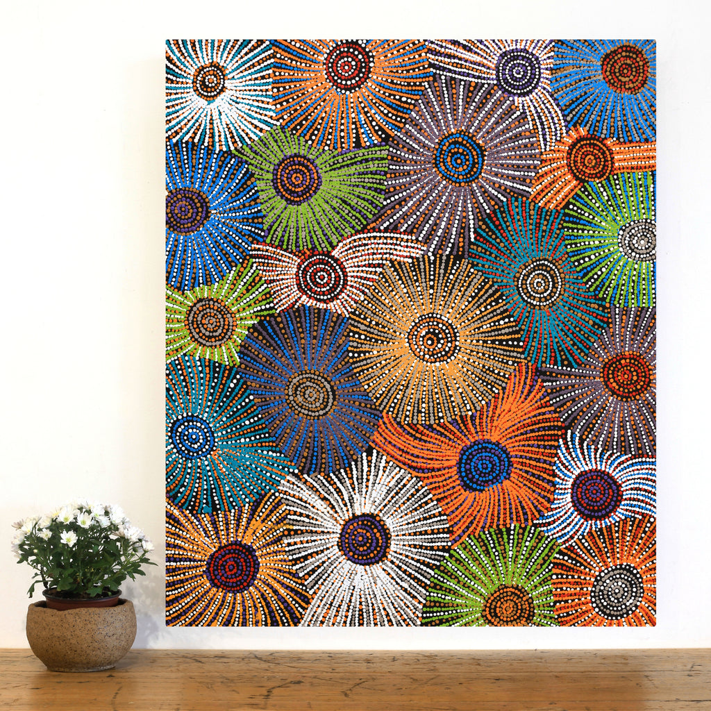 Aboriginal Artwork by Evelyn Nangala Robertson, Ngapa Jukurrpa - Puyurru, 91x76cm