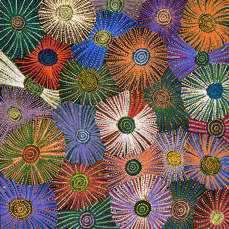 Aboriginal Artwork by Evelyn Nangala Robertson, Ngapa Jukurrpa - Puyurru, 91x91cm