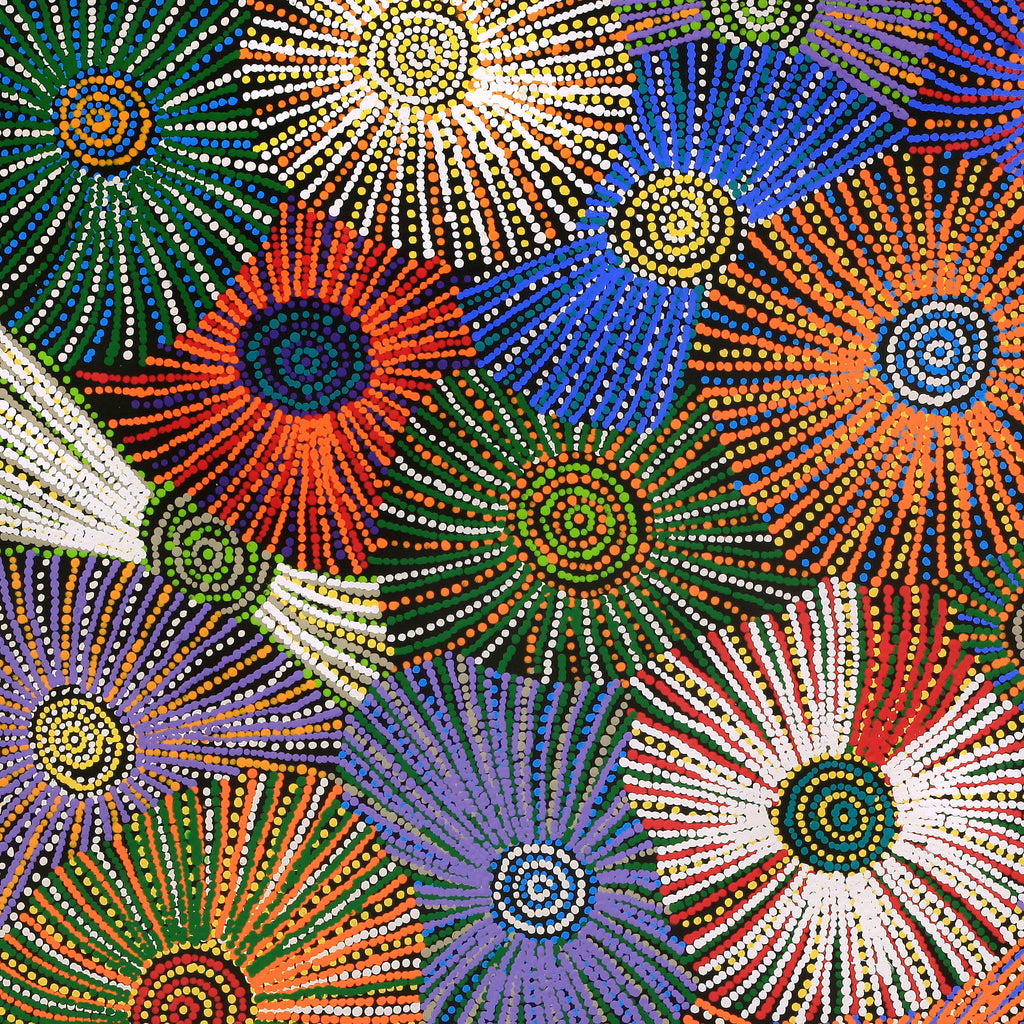 Aboriginal Artwork by Evelyn Nangala Robertson, Ngapa Jukurrpa - Puyurru, 91x91cm