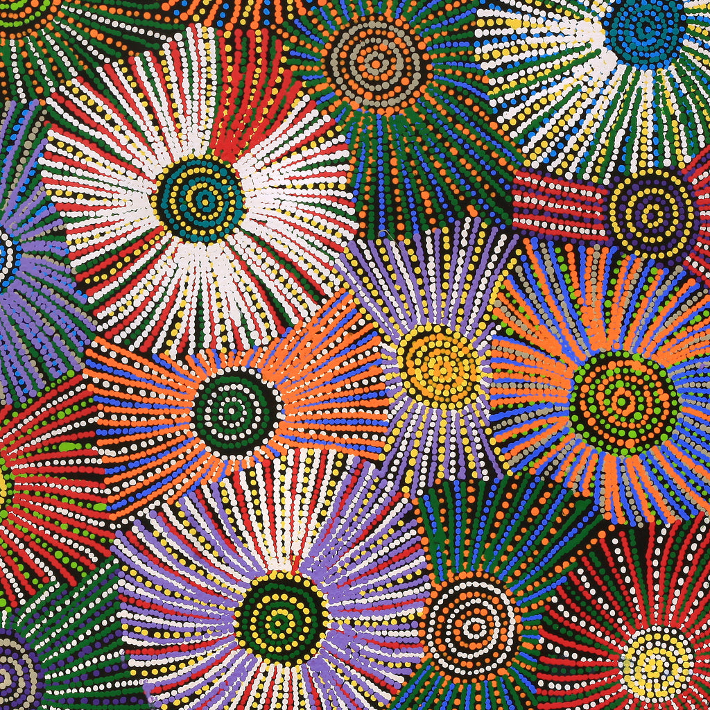 Aboriginal Artwork by Evelyn Nangala Robertson, Ngapa Jukurrpa - Puyurru, 91x91cm