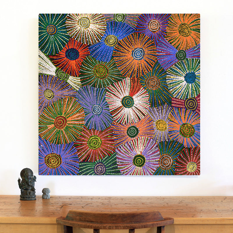 Aboriginal Artwork by Evelyn Nangala Robertson, Ngapa Jukurrpa - Puyurru, 91x91cm