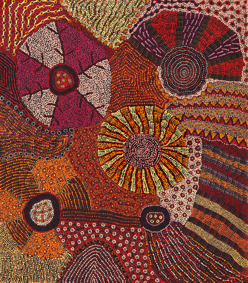Aboriginal Artwork by Faye Nangala Hudson, Warlukurlangu Jukurrpa (Fire country Dreaming), 122x107cm