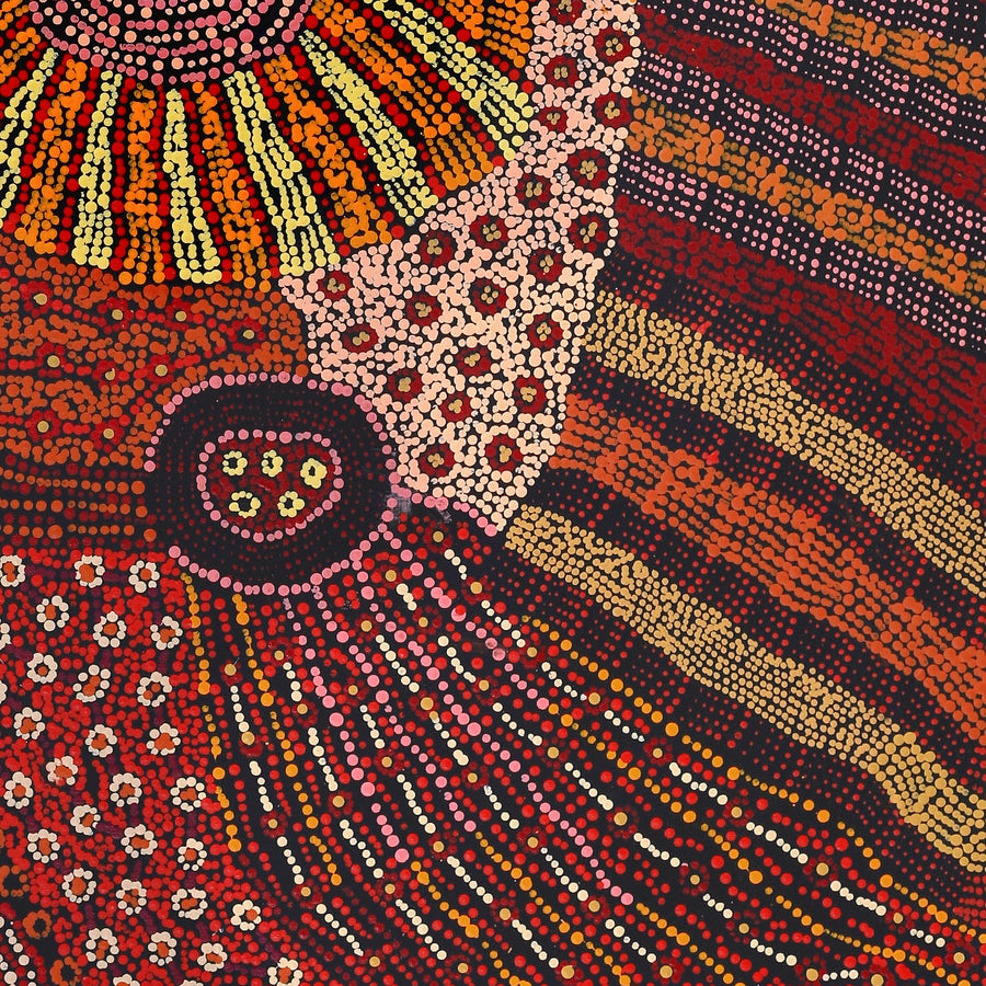 Aboriginal Artwork by Faye Nangala Hudson, Warlukurlangu Jukurrpa (Fire country Dreaming), 122x107cm